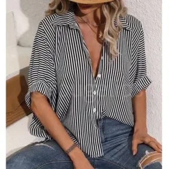 Tops - Striped Black White Button Up Front Shirt Oversized Batwing Half Sleeve V-Neck